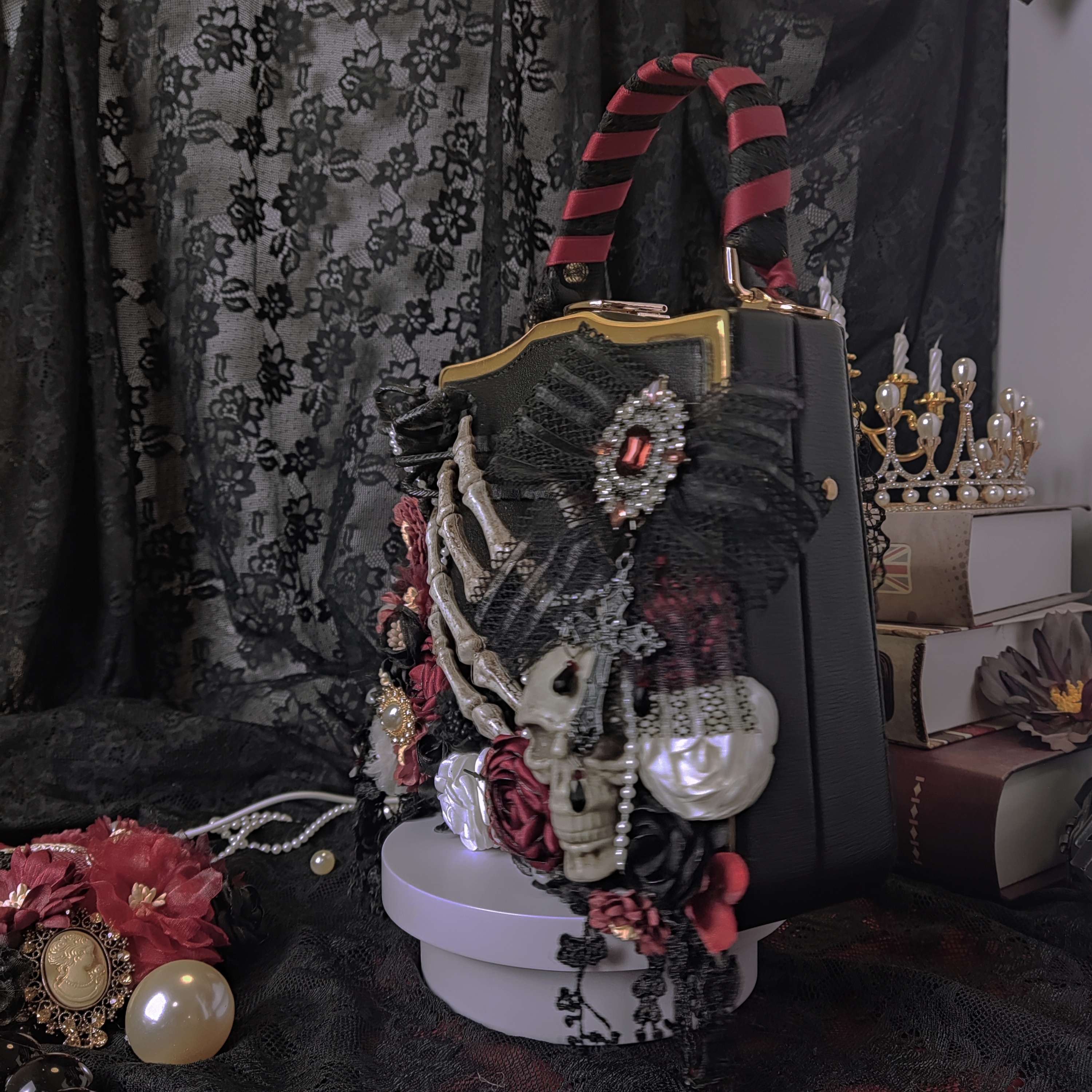Victorian Gothic Lolita Bag with Skeleton Hand & Black Lace