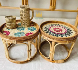 Modern Wicker Bamboo <b>Bedside</b> <b>Table</b> Floral Shell Mosaic Top <b>Round</b> Accent Stool Living Room Coffee <b>Table</b> B2B - Product Image 6