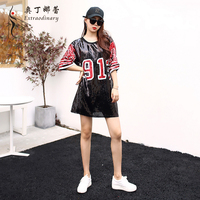 Femmes Punk Style Paillettes T-shirt Robe Ample Robe D'été T-shirts Noir Tops pour Les Femmes