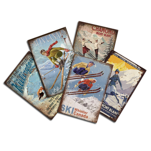 Vintage Ski Wall Sign Retro Snow Cabin Winter Metal Plate UV Printed for Home Decor Man Cave Wall Decorative Plaque