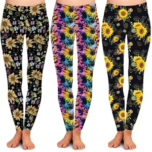 Vintage Sunflower Printed Women High yoga waist buttery soft 92% polyester 8% spandex leggings for women