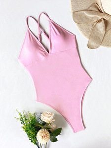 Traje de baño de una pieza con cuello en V profundo rosa para mujer, traje de baño elástico de color sólido con cintura alta - Product Image 5