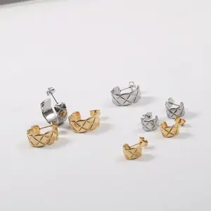 18K Gold Rhombus Pattern C-shaped Stainless Steel Earrings