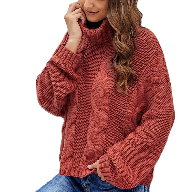 Pulls en tricot torsadé épais personnalisés à col roulé en coton polyester pour femmes pull unicolor chompas para mujer
