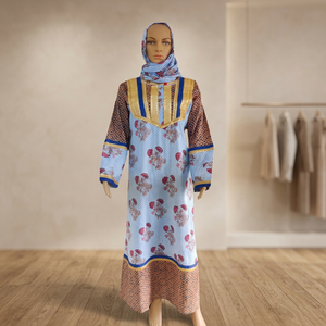 Elegant Full Length Multi Color Printed Muslim Jalabiya <b>Dress</b> for Women with Scarf Embroidered Chest Design Islamic Wear - Product Image 3