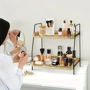 Double Layer Wooden Storage <b>Rack</b> With Iron Frame For Bathroom Kitchen Home Use Multifunctional Standing <b>Shelf</b> - Product Image 1