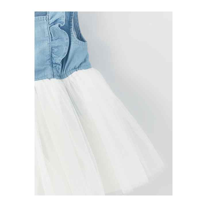 Indigo Denim Dress With Tulle Skirt