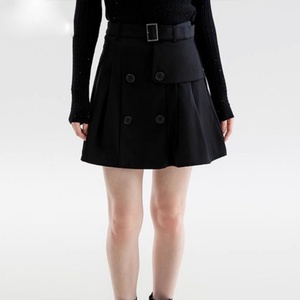 Minifalda plisada negra de cintura alta para mujer, <span class=keywords><strong>con</strong></span> doble botonadura, cinturón, bolsillo asimétrico, estilo casual, corte en A - Product Image 3