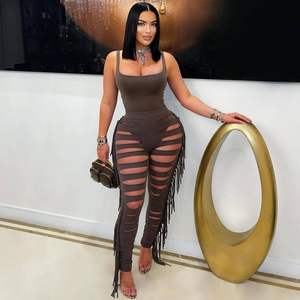 Conjunto de dos piezas ajustado para mujer 2026: Body de jersey con cuello redondo y aberturas, y pantalones de cintura natural transpirables para club. - Product Image 2