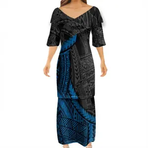 黒と青のポリネシア部族の女性VネックPuletasiドレス最高品質のカスタムロゴオフショルダードレスドレス低価格