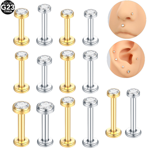 Titanio <span class=keywords><strong>Labret</strong></span> Stud Cristal redondo Circón único Labio Anillos Roscado interno Oreja Cartílago Tragus Piercing Cuerpo Joyería - Product Image 2
