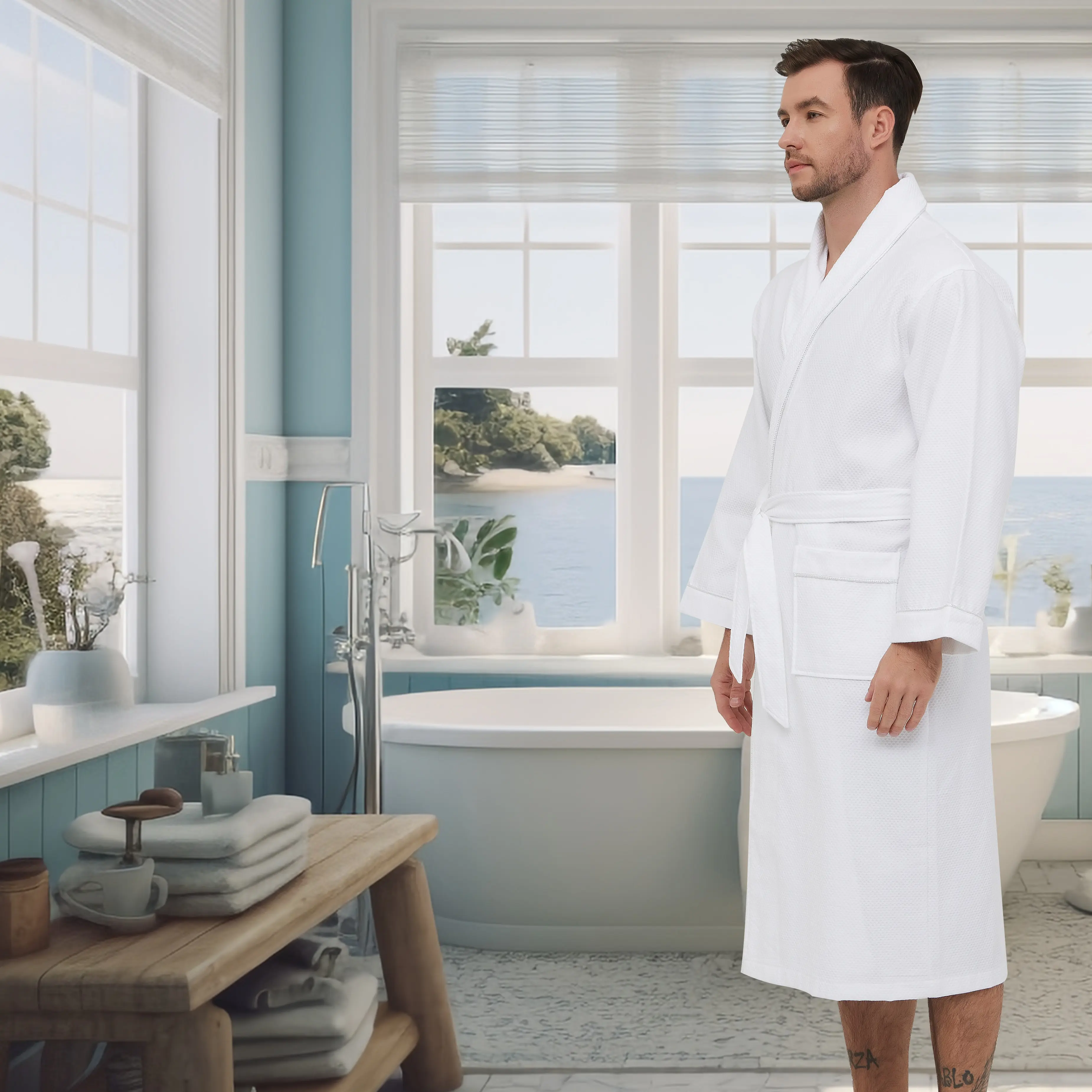 High grade new design mens luxury cotton terry bathrobe waffle bathrobe sexy nightwear for men