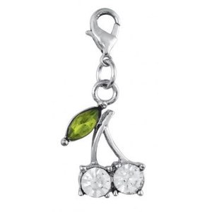 Ciondolo a forma di ciliegia in argento sterling con foglia verde e cristalli trasparenti per la creazione di gioielli - Product Image 1