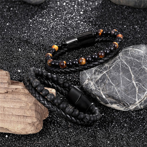 Black Braided Leather <b>Beaded</b> <b>Bracelet</b> For <b>Men</b> Natural Agate Stone Classic Adjustable Fashion Jewelry Gift - Product Image 5