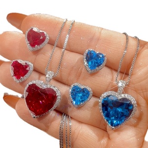 Valentine's Day Jewelry Eco-friendly Copper 15*15MM Heart Cut Cubic Zircon Imitation Blue Crystal Heart Jewelry Set for Women Tu - Product Image 2