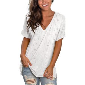 T-shirt femme col en V à œillets, manches courtes, fentes latérales, haut d'été respirant en coton tissé - Product Image 2