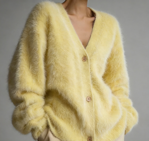 Cárdigan de punto suelto para mujer con <span class=keywords><strong>cuello</strong></span> en V, de poliamida, con botones, amarillo, con <span class=keywords><strong>pelo</strong></span> sintético de conejo. - Product Image 1
