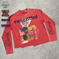 T-shirt à manches longues délavé à l'acide pour homme, motif graphique vintage Y2K, streetwear grunge, ourlet asymétrique, coupe oversize épaisse
