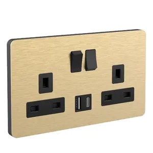 CE UKCA Approval UK Standard Screwless Flat Plate 2 Gang 13A Double Pole Electrical Switch Wall Socket With 3.4A Type-C USB Port