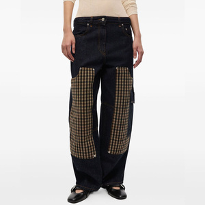 <span class=keywords><strong>Jeans</strong></span> a gamba larga a vita bassa da donna personalizzati di fabbrica con toppa scozzese pesante e ampia tasca laterale decorata pantaloni retrò dimagranti - Product Image 4