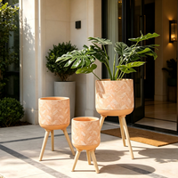 Ensemble de pots à plantes en fibre d'argile de 3 tailles, design minimaliste moderne avec pieds en bois naturel, utilisation intérieure/extérieure pour les plantes de la maison et du jardin
