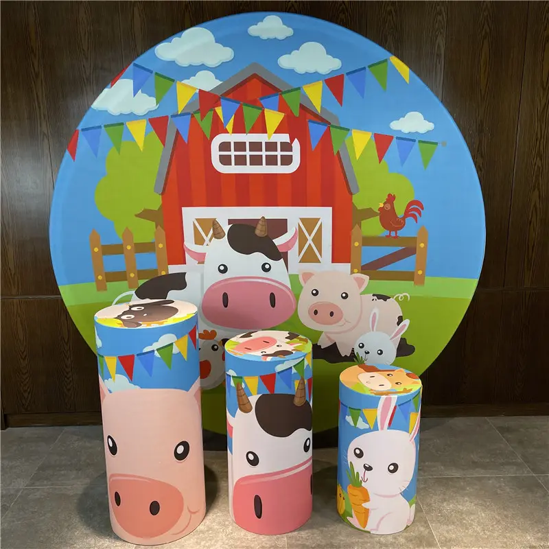 Round Background Cover Photography Backdrop Cartoon Farm Animal Children Birthday Party Photocall Wood Cow Table Cover 230230