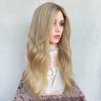 Prothèse capillaire 6x8 7x9 en cheveux humains blond cendré balayage, avec dessus en dentelle, nœuds simples invisibles et dos en trame, cheveux ondulés