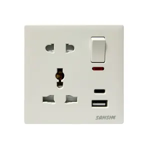 SANSHE SK M0501LU Tomada elétrica de parede universal com interruptor neon USB A C 13A 2 pinos