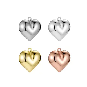 925 Sterling Silver Plain Puff Love Heart Pendant Charm Gold Rose Gold Pendant Bracelet Jewelry Polished Tiny Heart Jewelry Gift