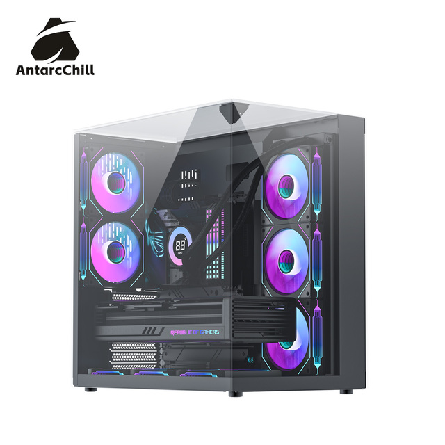 AntarcChill Black Full Tower Panoramic Case Triple Tempered Glass 360mm AIO ATX USB 3.0 OEM Factory Direct