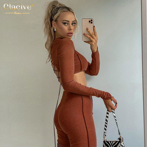 Clacive moda Streetwear traje Casual de manga larga nuevo vendaje de dos piezas pantalones de pierna ancha conjunto - Product Image 3