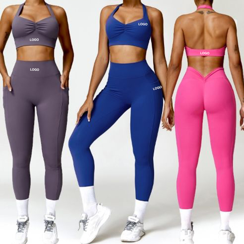 Activewear Clothing Two Piece Yoga Sets Elastic Waist High Waist v Back Tight Leggings Sexy Front Twist Halter Sports Bra