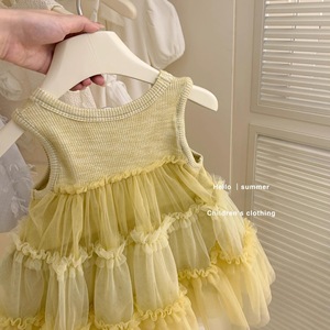 Korean Style Girls' Mesh Vest Dress Solid Color Cotton Baby Princess Dress Summer Children's Clothing - Product Image 1