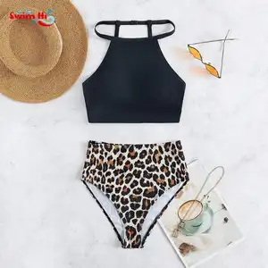 Dames Badpak Met Hoge Taille En Hoge Hals, Bedrukte Badkleding Voor Dames, Gewatteerde Strandkleding, Bladeren, Badpak Bikini