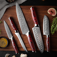 Couteau de cuisine en acier damas à manche Pakkawood rouge AUS10 acier au carbone 67 couches couteaux de cuisine japonais ensemble de couteaux damas
