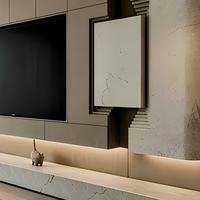 Moderner Minimalistischer Schwebender TV-Schrank Integrierte Medienwand mit Steinstruktur-Paneelen und Ambiente-LED-Beleuchtung