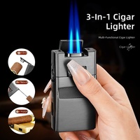 Nouveau Briquet à Cigares Métallique Multifonctionnel 3-en-1 avec Double Flamme Directe, Conception Coupe-Vent et Flamme Réglable, Poinçon à Cigares et Aiguille de Perçage