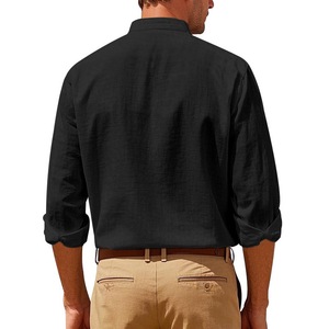 Chemise décontractée pour <span class=keywords><strong>homme</strong></span> en mélange lin-coton, <span class=keywords><strong>col</strong></span> montant, manches retroussables, respirante, prix abordable, personnalisable avec logo OEM/ODM, vente en gros - Product Image 5