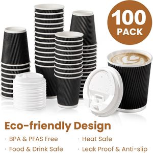 Vasos de Papel Desechables para Café Espresso, Té con Leche, para Llevar, con Pared Ondulada Aislante, Vasos de Papel Corrugado con Tapas, OEM ODM - Product Image 3