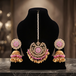 Boucles d'oreilles pendantes tendance pour femme, plaquées or, avec perles, pendentif Tikka en strass brillant, longue pampille, en alliage de zinc, style Chand Bali, pour soirée - Product Image 3