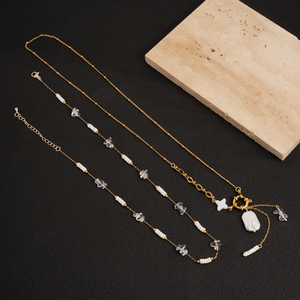 Ensemble de colliers superposés pour femmes en acier inoxydable plaqué or 18 carats, imperméable, avec perles de coquillages et cristaux blancs naturels - Product Image 5