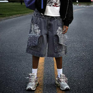 Baggy Jorts personnalisés lourds de haute qualité à impression DTG, shorts amovibles et réversibles pour les genoux, jorts <span class=keywords><strong>en</strong></span> denim à double taille et strass - Product Image 6