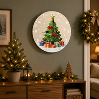 Horloge murale en bois 25 cm, surface lisse avec impression UV, motif sapin de Noël, détails faits à la main