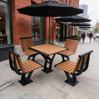 Ensemble table et chaises de patio en WPC pour extérieur, table carrée de parc avec structure en acier galvanisé et 4 bancs intégrés