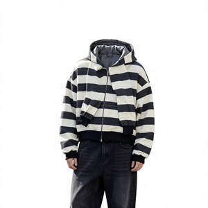 <b>Men</b> Black <b>White</b> Striped Zip Up Hoodie Double Hood Casual <b>Sweatshirt</b> Autumn Streetwear Jacket - Product Image 4