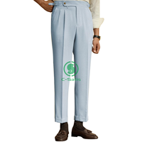 Pantalon Décontracté Homme d'Été Léger en Seersucker Rayé Bleu Naples Taille Haute à Coupe Droite avec Boucles