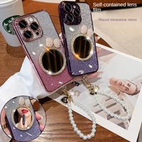 Nouveau luxe paillettes Bling cristal diamant miroir téléphone étui pour iphone 16 15 14 13 12 11 Pro Max avec perle chaîne Bracelet couverture