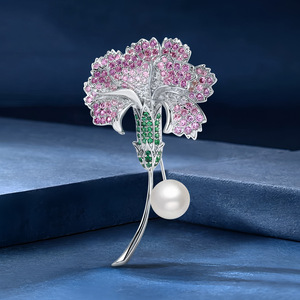 Broche en forme de clou de girofle rose avec zircon cubique et perle d'imitation pour femme, accessoires de mariage, de fiançailles et de fête, bijoux en alliage plaqué or - Product Image 4