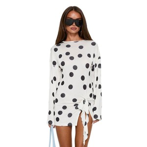 Polka Dot Dress Women Slim Fit Slit <b>Mini</b> Summer Party Casual Crew Neck Breathable Yiwu Origin <b>Printed</b> Patchwork - Product Image 5