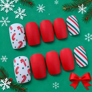 Presse de Noël sur les ongles Ongles de cercueil moyen Mat Rouge Vert Colle sur les ongles Candy Cane Press on Full Cover Stripe Faux ongles - Product Image 3